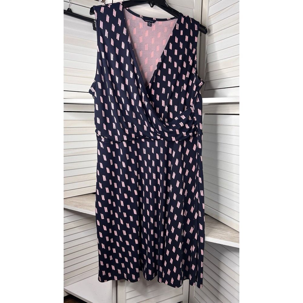 Lands' End Navy Blue & Pink Sleeveless Wrap Midi Dress Size 2X 20/22 (no tie)